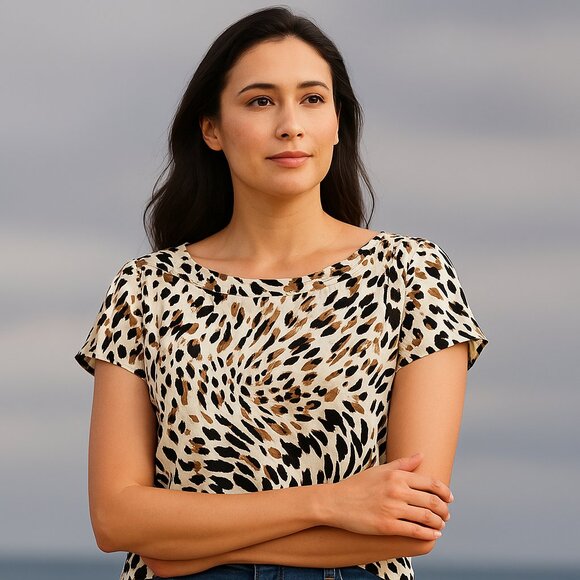 Rafaella Tops - Rafaella XL Animal Cheetah Print Boat Neck Blouse Gold Button Classic Top Retro